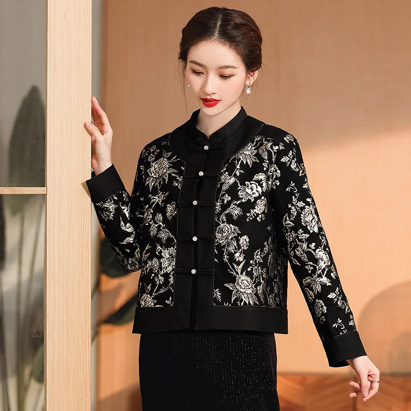 Women's O-Neck Long Sleeved Top Autumn 2023 Chinese Style Fashion Single Breasted Entangled Branches Jacquard Jacket S-XXL