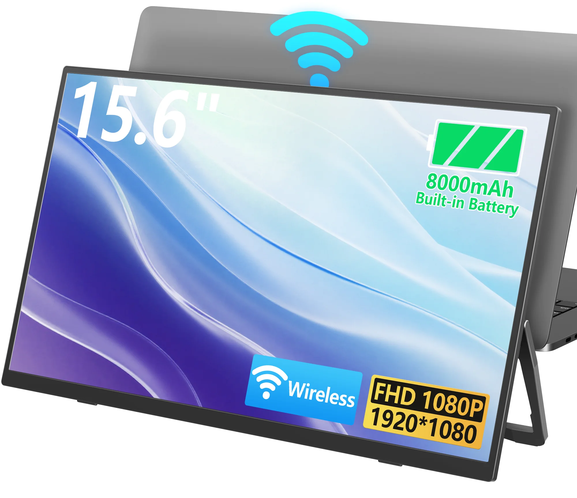 

Беспроводной мобильный монитор Amoudo, 15,6 дюйма, мобильный дисплей 1920x1080, встроенный аккумулятор, отдельно стоящая подставка, портативный монитор IPS