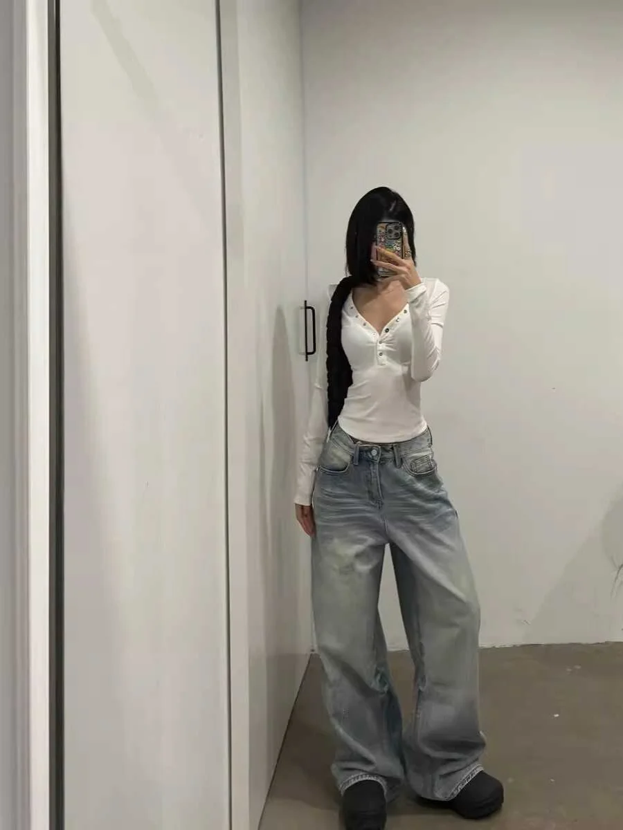 Light Wa High Waist Straight Leg Jeans Women's Spring Autumn New Loose Fit Floor Length Casual Wide Leg Long Trousers