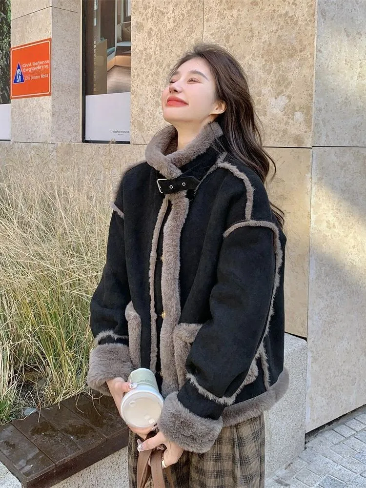 Bla Lamb Fur Jaet المرأة الشتاء Thiened تصميم فضفاض عالية الياقة ملابس قطنية عادية Sle طويلة Sve زر إغلاق #4