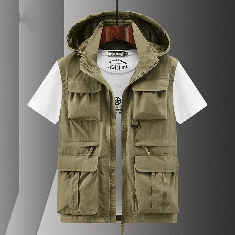 Men Casual Vest Multi Pocket Workwear Hooded Sleeveless Jacket Tactical Fishing Mountaineering Vest Personalized Print Logo 6XL