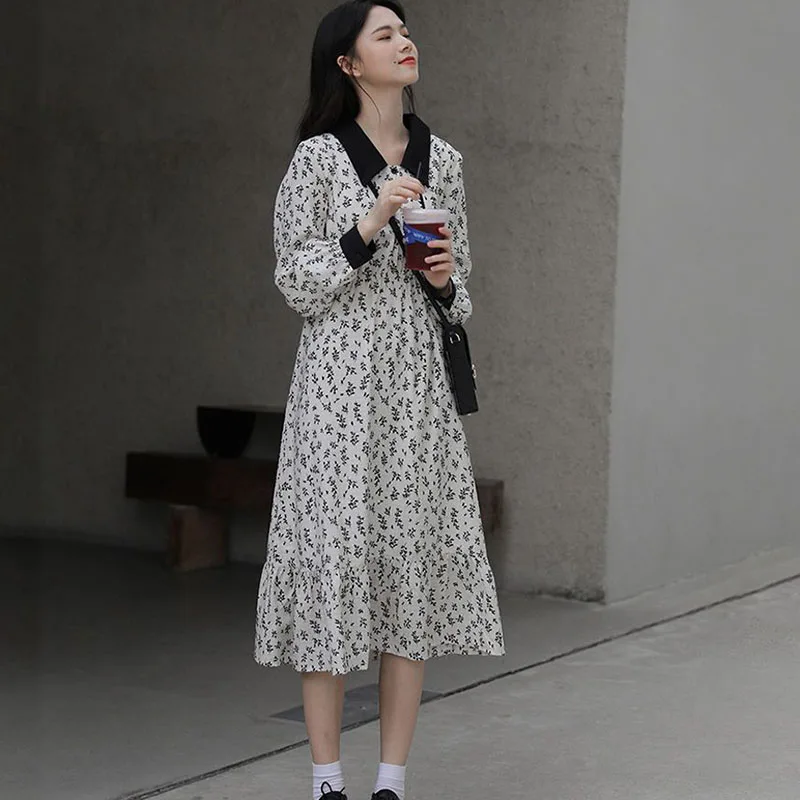 

Fashion Peter Pan Collar Printed Ruffles Folds Midi Dress Women Clothing 2023 Autumn New Loose Casual Tops Commuter Floral Dress