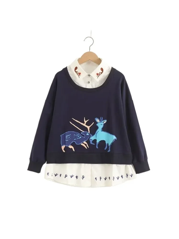 

High Quality Autumn New Cotton Fake 2pieces Long Sleeve Shirt, Women Deer Embroidery Top Mori Girl Casual Loose Hoodies