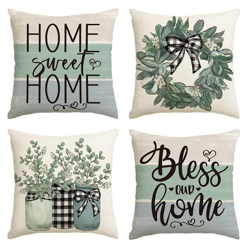 4PCS Spring Pillow Covers Spring Decorations Eucalyptus Farmhouse Throw Pillow Cushion Case 18 X 18 For Couch