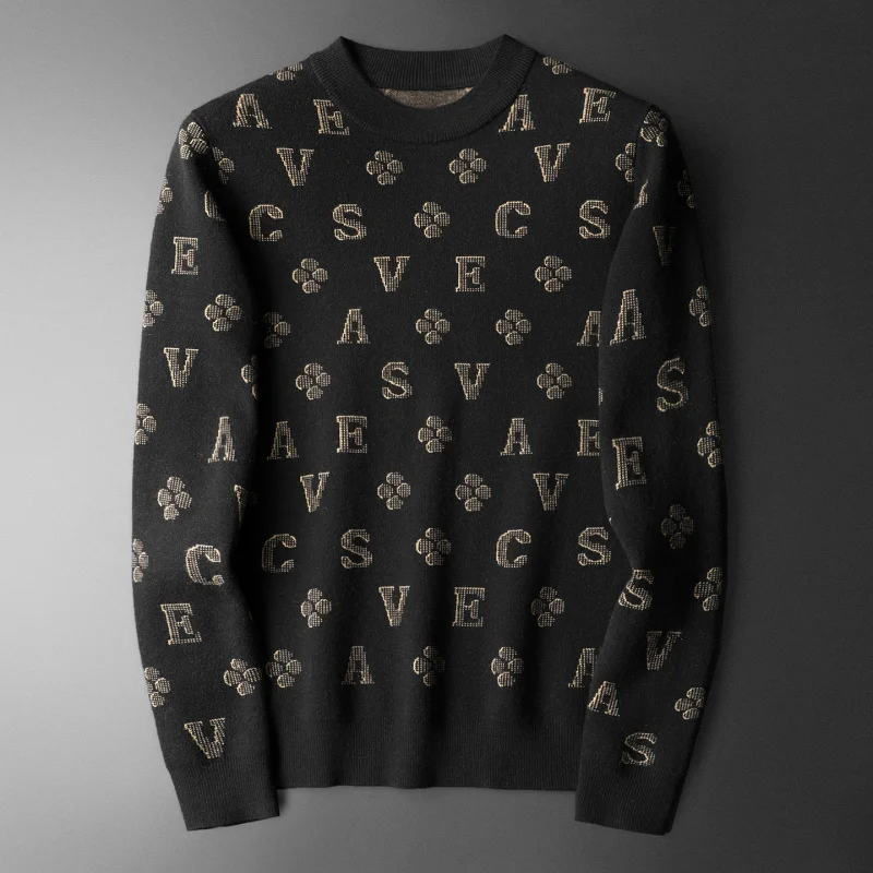 

Мужской зимний вязаный шерстяной свитер с вышивкой букв, с высоким воротником, повседневный, теплый, комфортный, с длинными рукавами