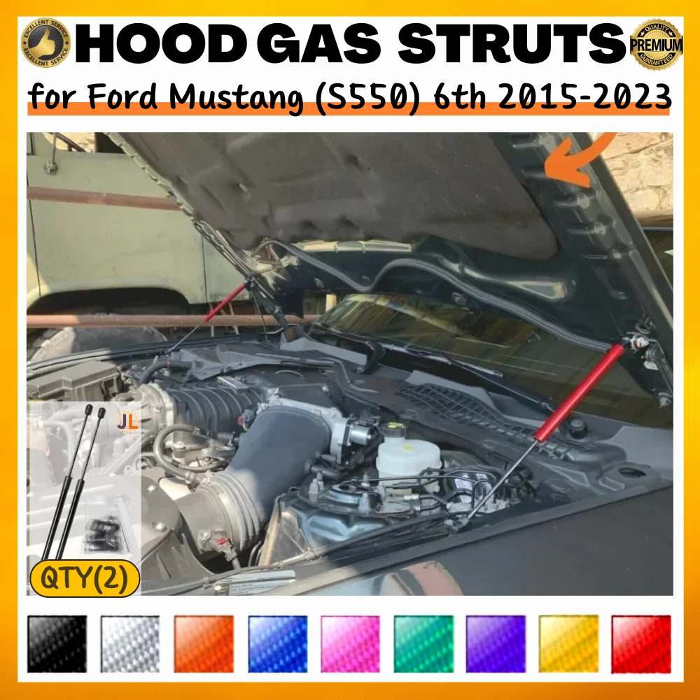 

Qty(2) Стойки капота для Ford Mustang (S550) 6th 2015-2023, модификация переднего капота, газовые пружины, амортизаторы, подъемные опоры, демпферы