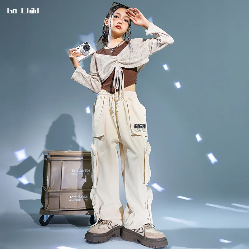 

Girls Hip Hop Cropped Sweatshirt Tank Top Cargo Pants Clothes Sets Child Street Dance Elegant Shawl Kids Streetwear Jazz Costume