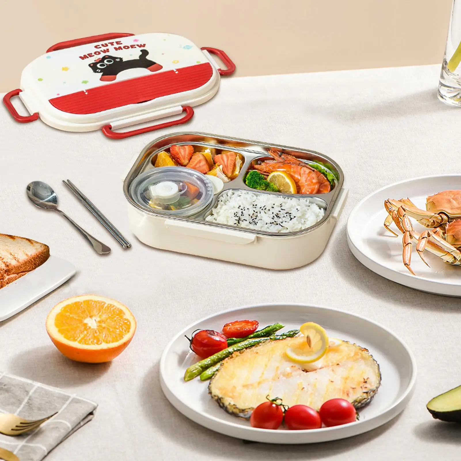 

Stainless Steel Lunch Box 4-Compartment Lunch Containers For Adults With Cutlery Microwave-Safe Leakproof Meal Storage Box With