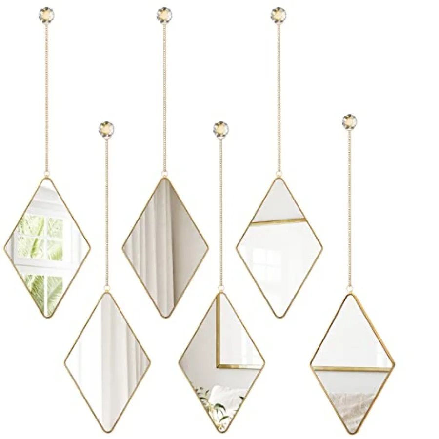 

6 Pcs Diamond Wall Mirror Set with Chain Hanging with Diamond Handle Frame Decorative Chain Mirror for Home Entryways Living Ro
