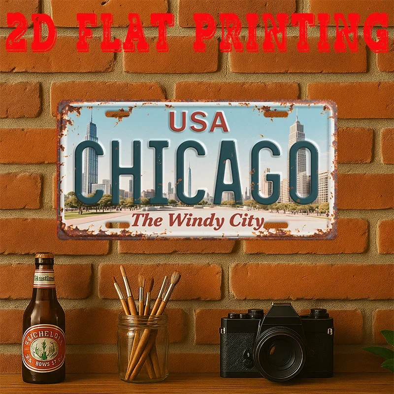 HD Aluminum Metal Sign, Chicago USA The Windy City Vintage License Plate Style Wall Decor, Retro Skyscraper Cityscape Design Tin