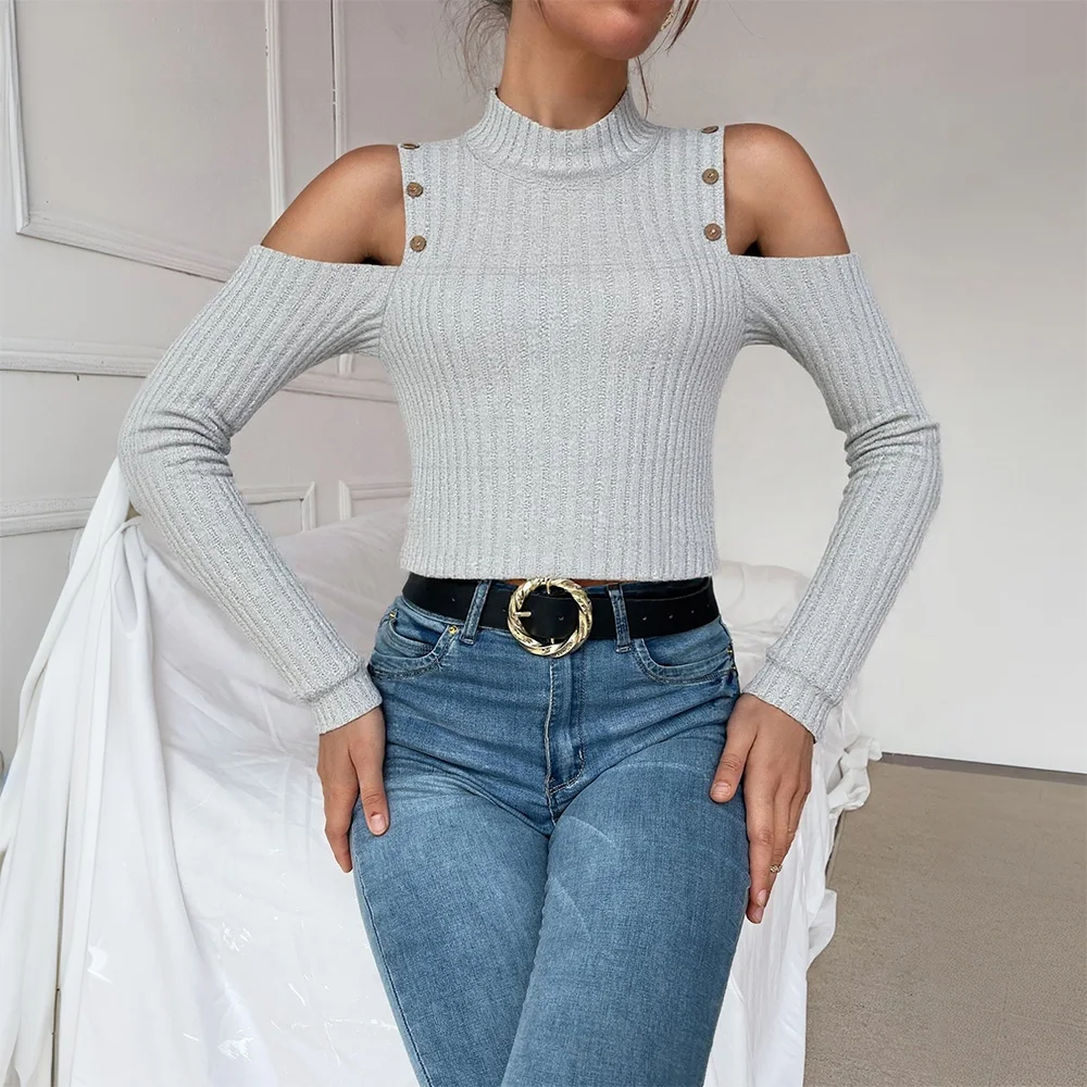 

Womens Solid Knitted Half High Collar Cold Shoulder Sleeve Jumper Tops Ladies Slim Fit Buttons Spring Autumn Pullover Size S-2XL