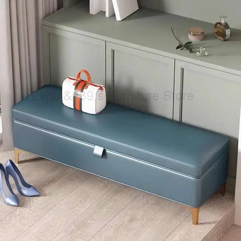 Taburete moderno De moda, taburete tapizado De almacenamiento, taburete De pie De moda europea, Taburete De Zapatos azul cómodo, muebles