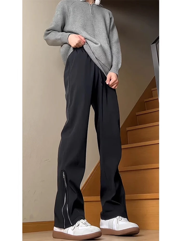 

Men's High Waist Straight Leg Pants Zipper Side ket Low Maintenance Casual Trousers Faionable Neapolitan Cleanfit Sle