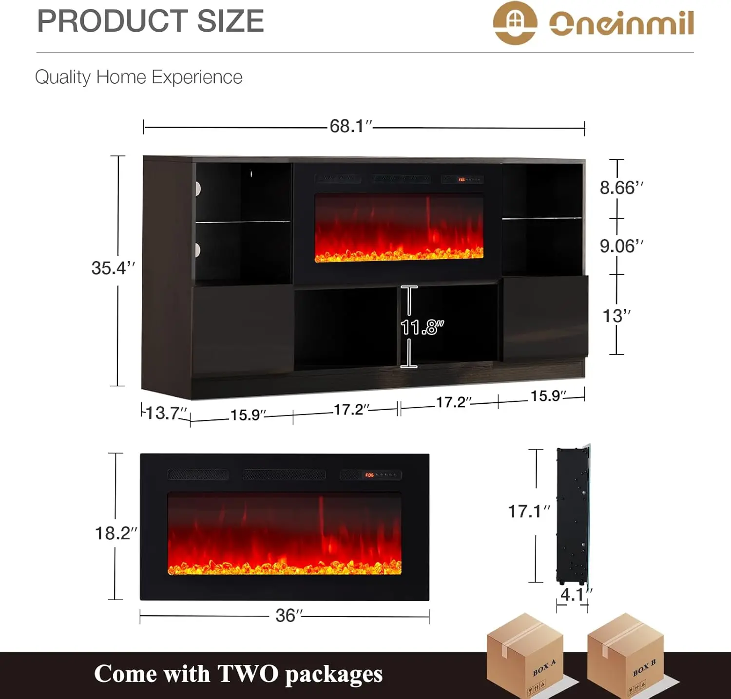 oneinmil Fireplace TV Stand with 36” Electric Fireplace, 70” TV Console Stand for TVs Up to 80