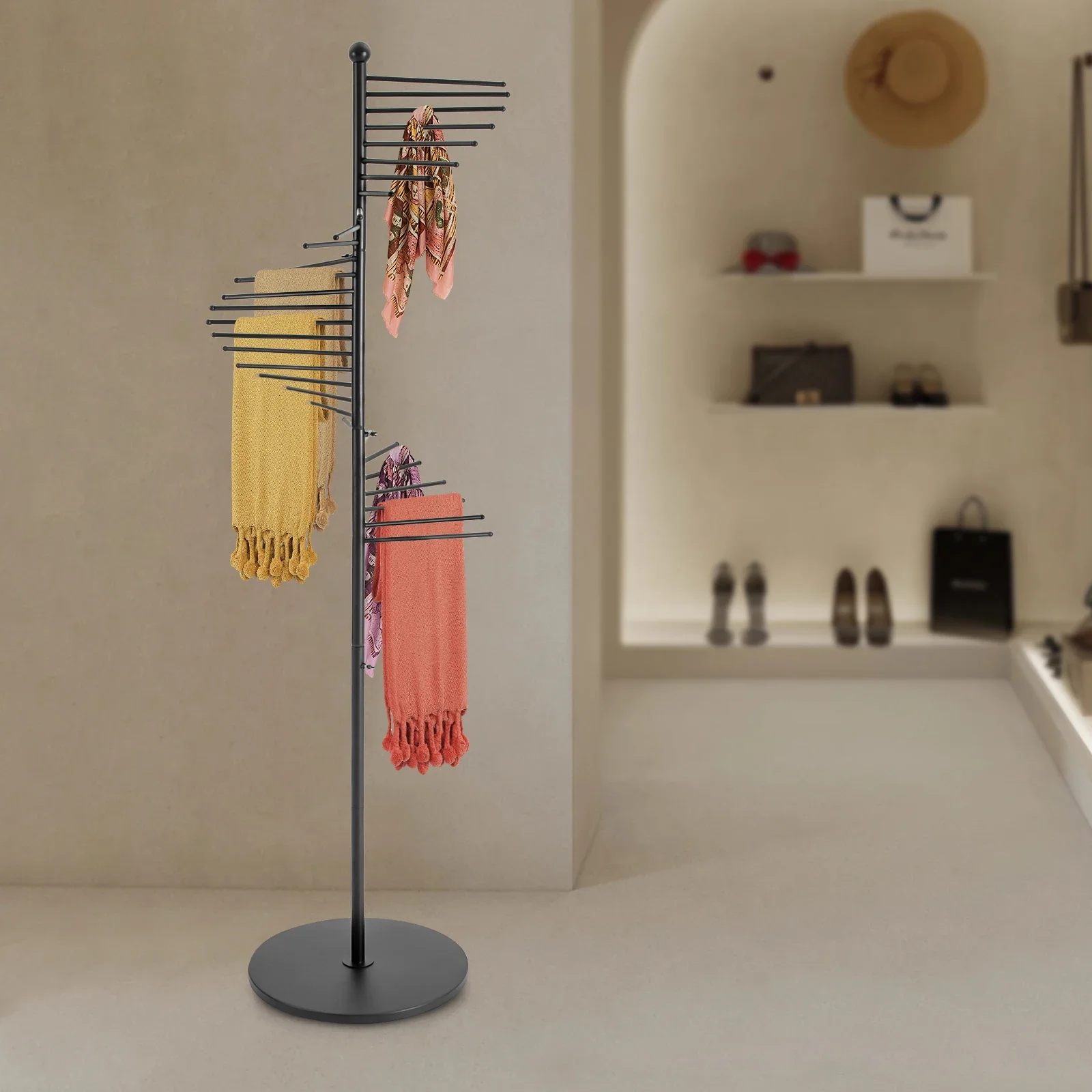 

Modern Black Spiral Scarf Display Rack - Floor Standing Scarf Organizer for Retail Store Boutique - 5.58ft Tall with 9.84in Rods