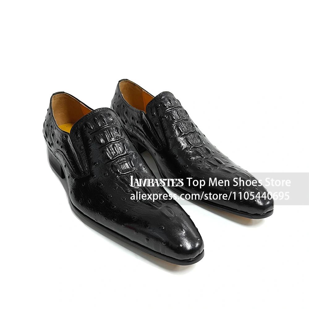 Black Ostrich Croc Embossed Slip on Loafers Luxury Ostrich Print Slip on Business Leather Shoes Polished Cowhide Loafers for Men