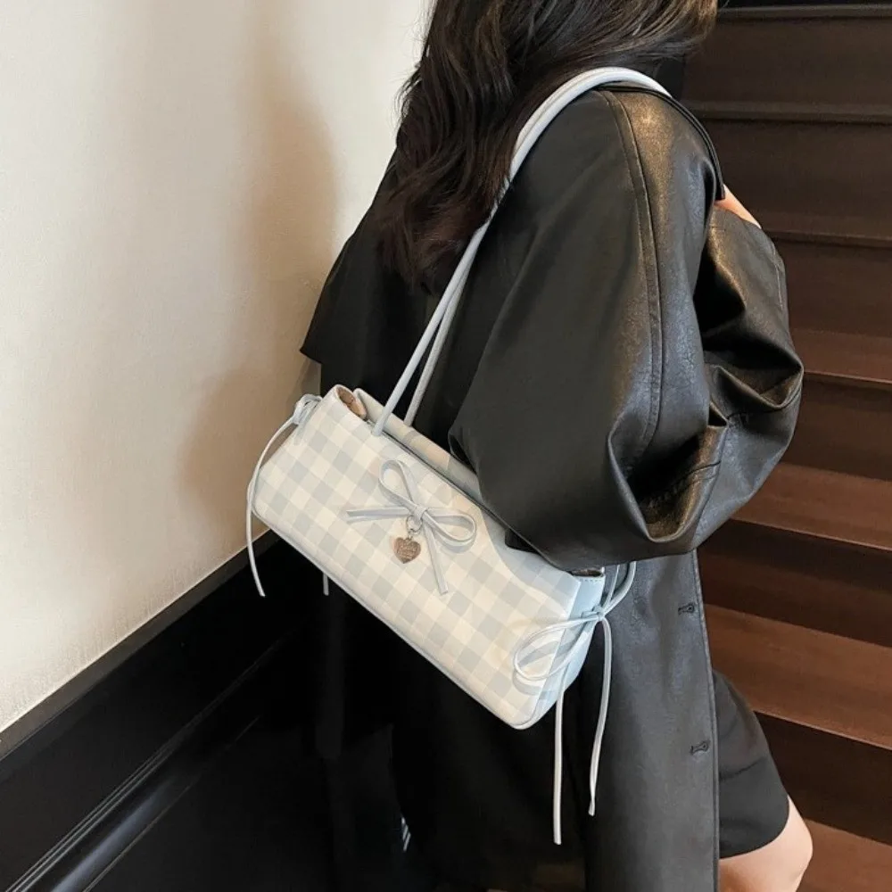

Портативная сумка-багет в клетку Y2K из высококачественной искусственной кожи, корейский стиль, большая вместимость, с бантом, на плечо, для работы