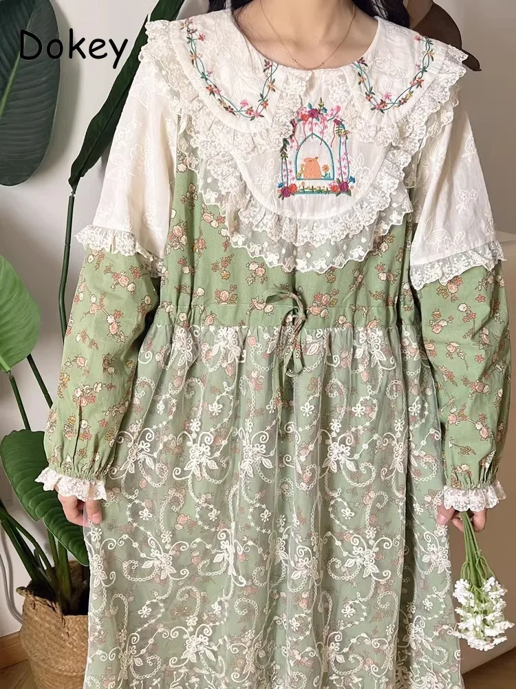 

Mori Girl Style Lace Ruffled Lolita Dress Women Vintage Embroidery Peter Pan Collar Patchwork Green Dress Casual Midi Vestidos
