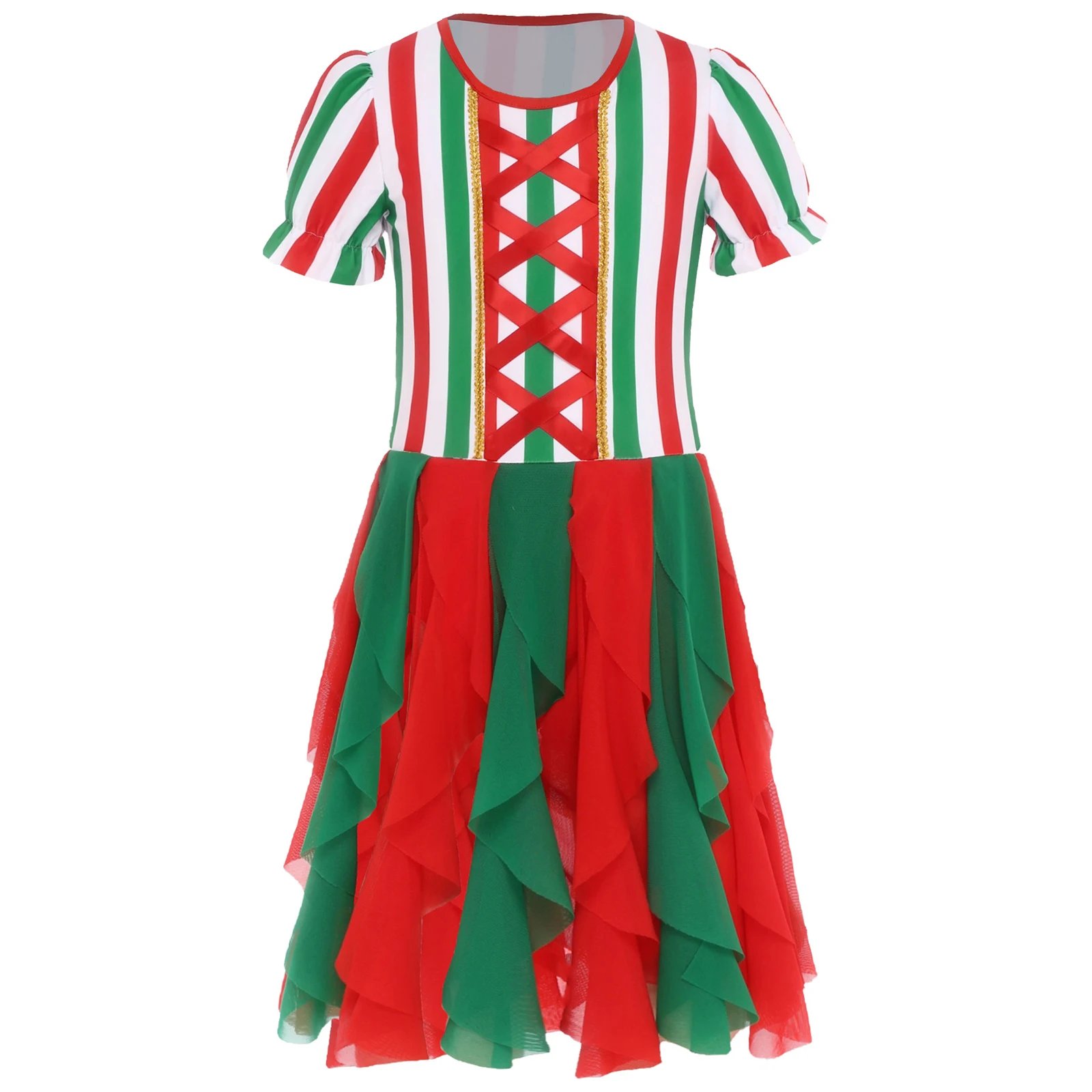 

Girls Christmas Striped Candy Cane Costumes Leotards Tutu Dance Figure Skating Dress Puffy Sleeve Tulle Dress for Xmas Parties