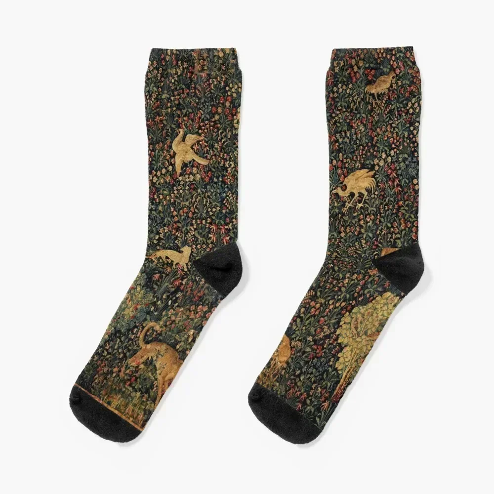 

UNICORN AND MEDIEVAL BESTIARY Millefleurs Red Green Floral Tapestry ,Forest Animals, Socks funny gifts Girl'S Socks Men's