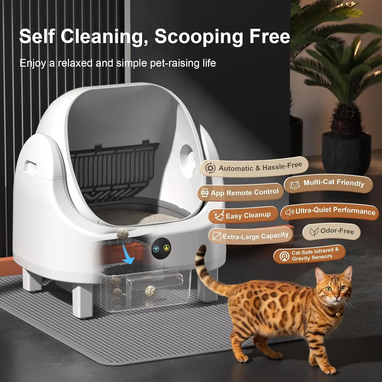 Open Top Self Cleaning Litter Box,70L Automatic Cat Litter Box Self Cleaning with APP Control,Low Noise,Safety, Customized