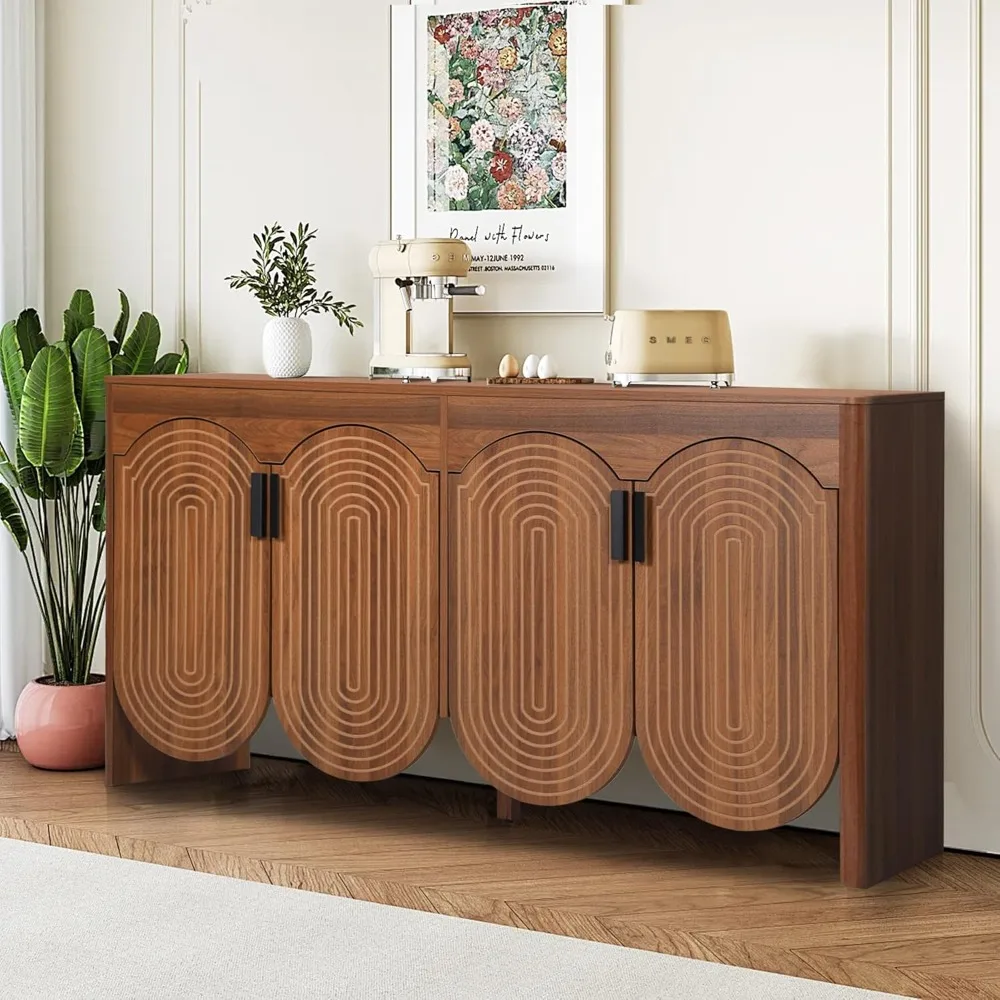 Sideboard with storage trough, arched 57.9-inch locker, adjustable shelf, circular edge design accent cabinet