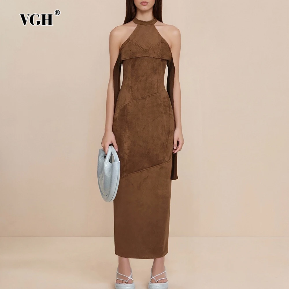 

VGH Chinese Style Solid Slimming Dresses For Women Round Neck Sleeveless High Waist Temperament Long Dress Female Fashion New
