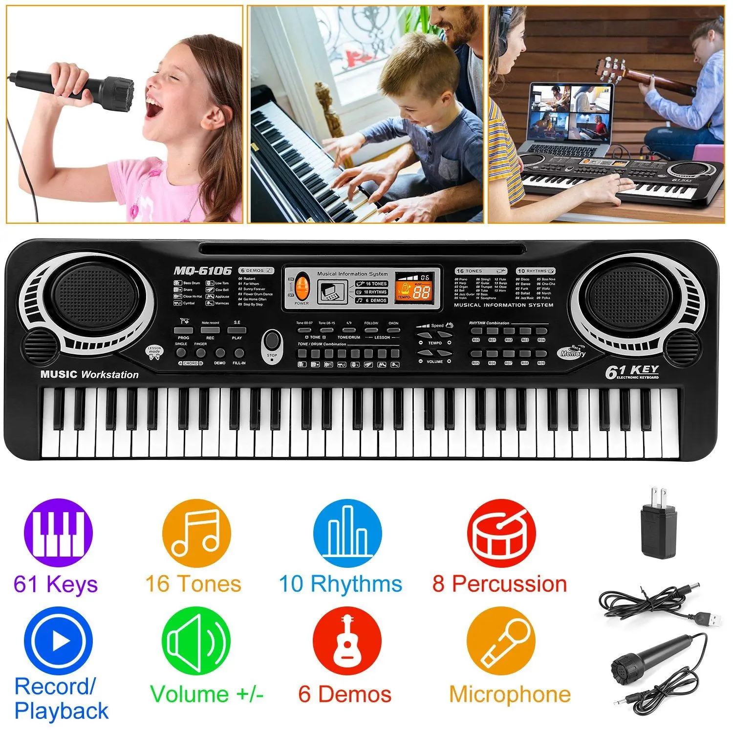 61-Key Digital Piano for Kids, Multifunctional Music Keyboard Toy with Microphone, 16 Tones, 10 Rhythms, Recording, Learning & U