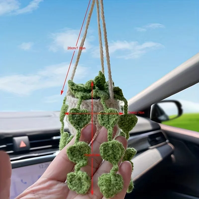 NEW Cute Potted Plants Crochet Car Basket,Hanging Plant Crochet for Car Decor,Car Ornament Rear View Mirror Hanging Accessories 5