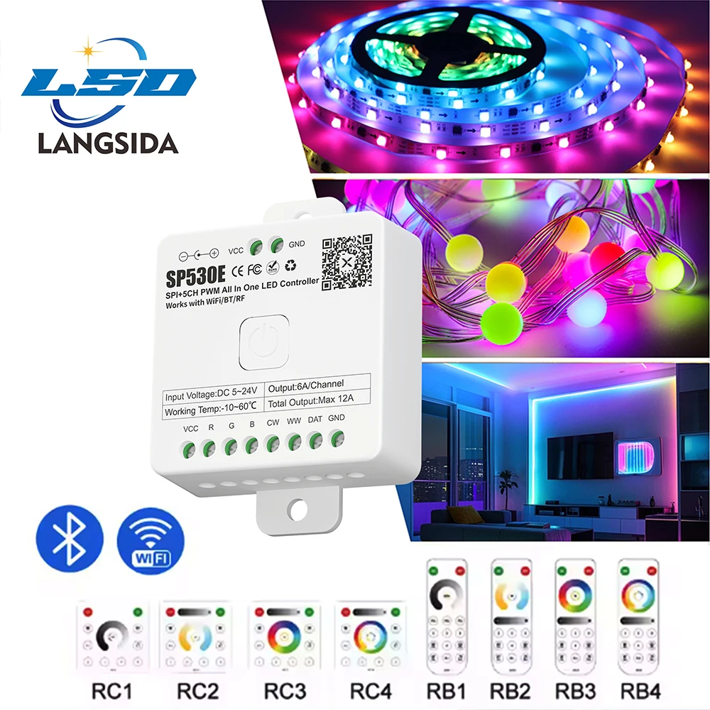 

SP530E SP630E WiFi Alexa Bluetooth LED Controller Support RGB RGBW RGBCCT or SPI TTL IC Chip LED Strip/Matrix PWM Monochrome CCT