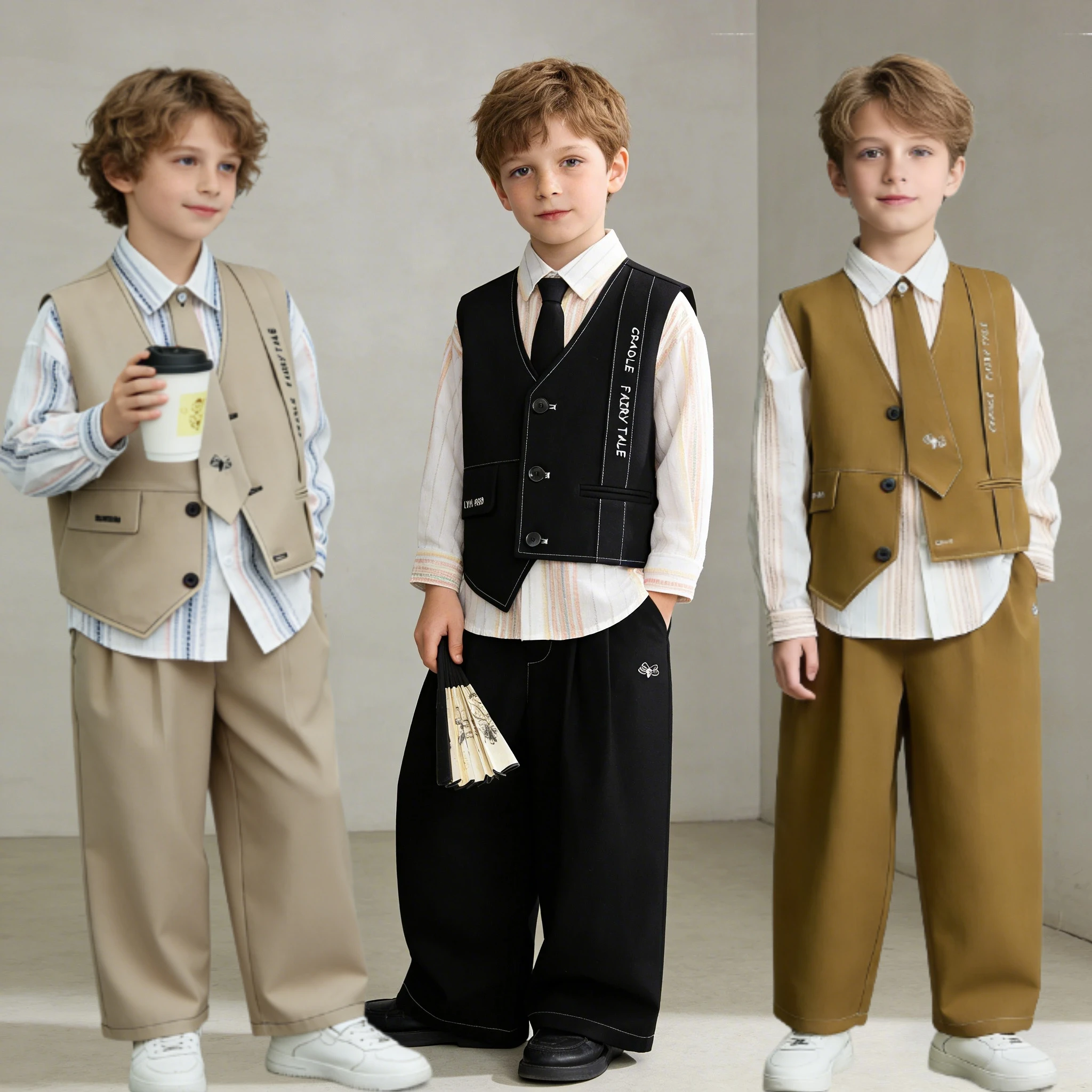 

2026 Spring Boys Embroidered Vest Suit Set Kids Casual Formal Outfit with Striped Shirt Tie Pants for Wedding Host Performance