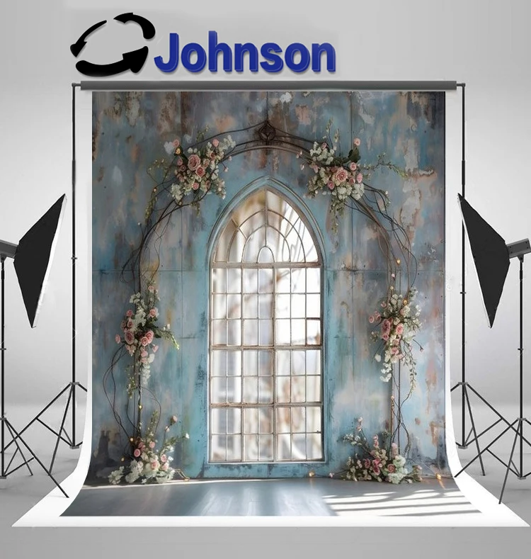 Johnson Blue Panel Wall Floral Arch Window backdrops High quality computer print wedding Photography Studio Backgrounds