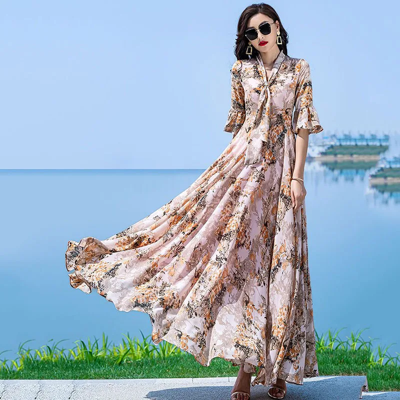 Long Printed Dress Women's 2024 New Autumn Chiffon Seaside Holiday Beach Dresses Female V-Neck Vintage Luxury Party Vestidos Y2K