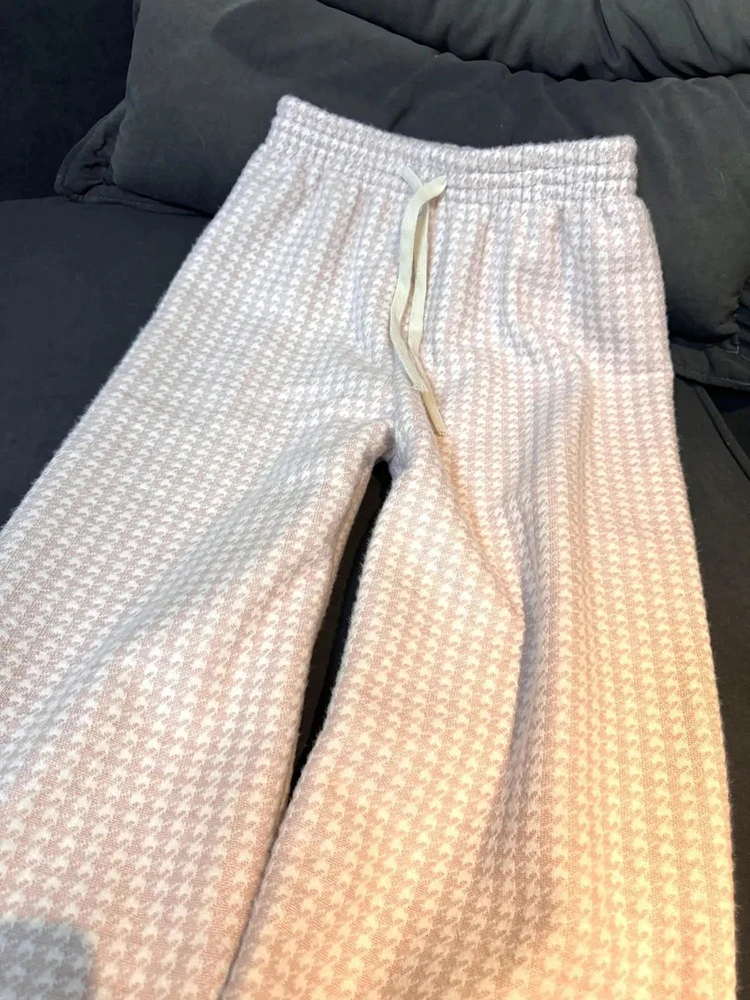 Celana Kotak-kotak Merah Muda Wanita Celana Panjang Fashion Kasual Longgar Rapi Manis Mewah Musim Dingin Celana Kaki Lebar Lurus Pinggang Tinggi Korea Sederhana