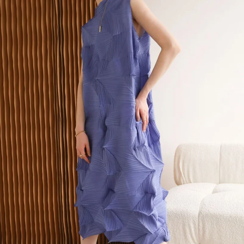 Summer Miyake Pleated High-End and Fashionable Avant-Garde Charming Diamond Pleated Loose Large Size Sleeveless Dress [6613][]