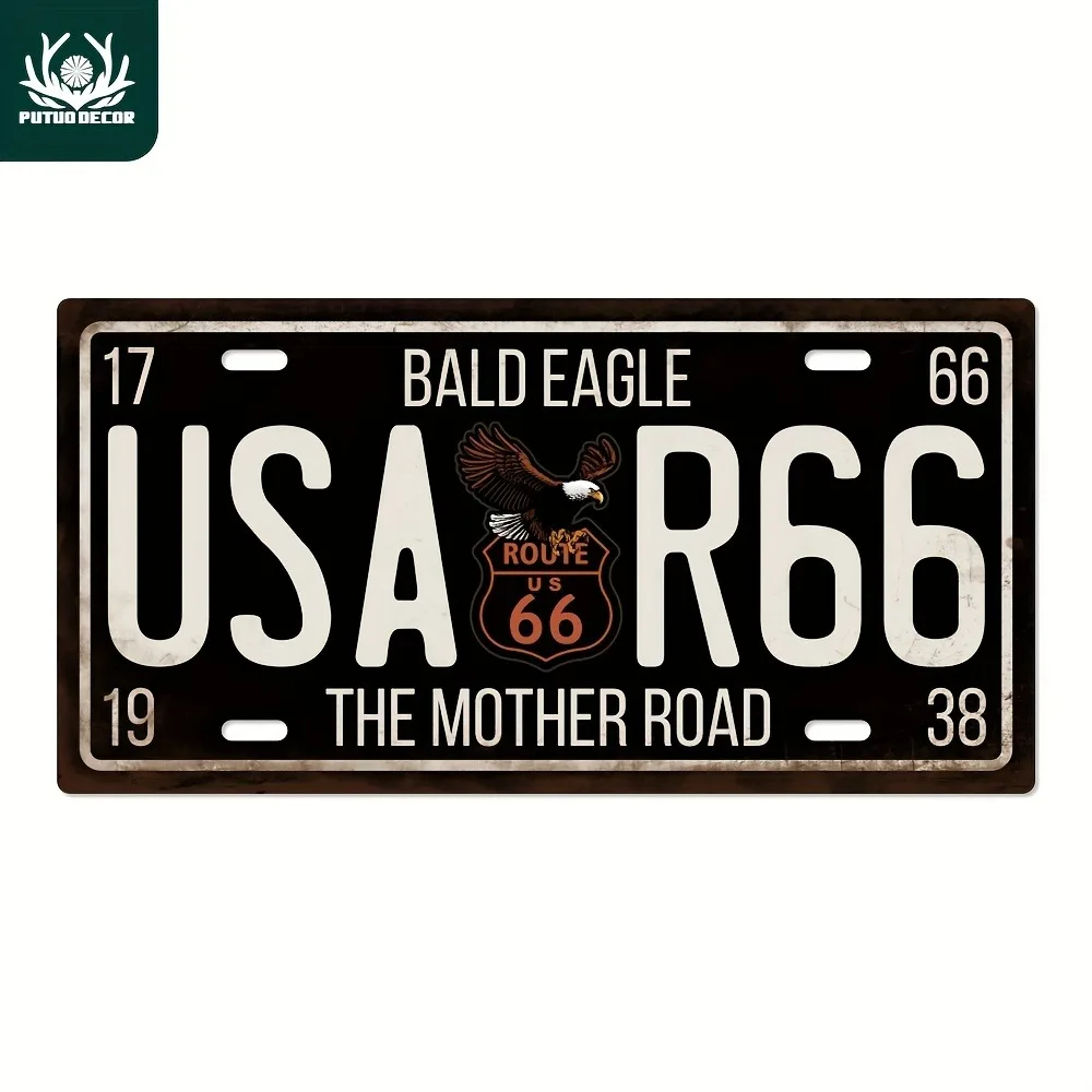 USA Route 66 The Mother Road Bald Eagle Vintage Retro American Highway Theme 2D Flat Printed License Plate Aluminum Metal Painti