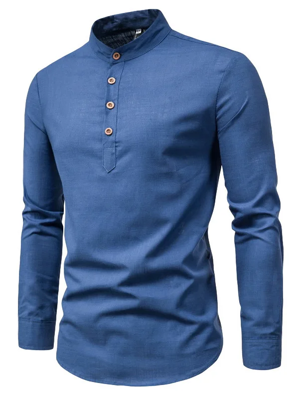 

Men's Pure Color Long Sve Standing Collar irt Stand Fit Button Detail Polyester Casual Faion Spring Season