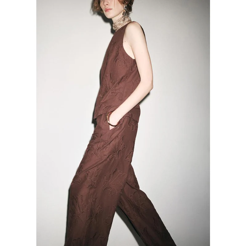 Summer Cotton Blend Embroidered round Ne Svel Top Matching Pants Spwear Sle Two-Piece Set Long Pants ort Sve