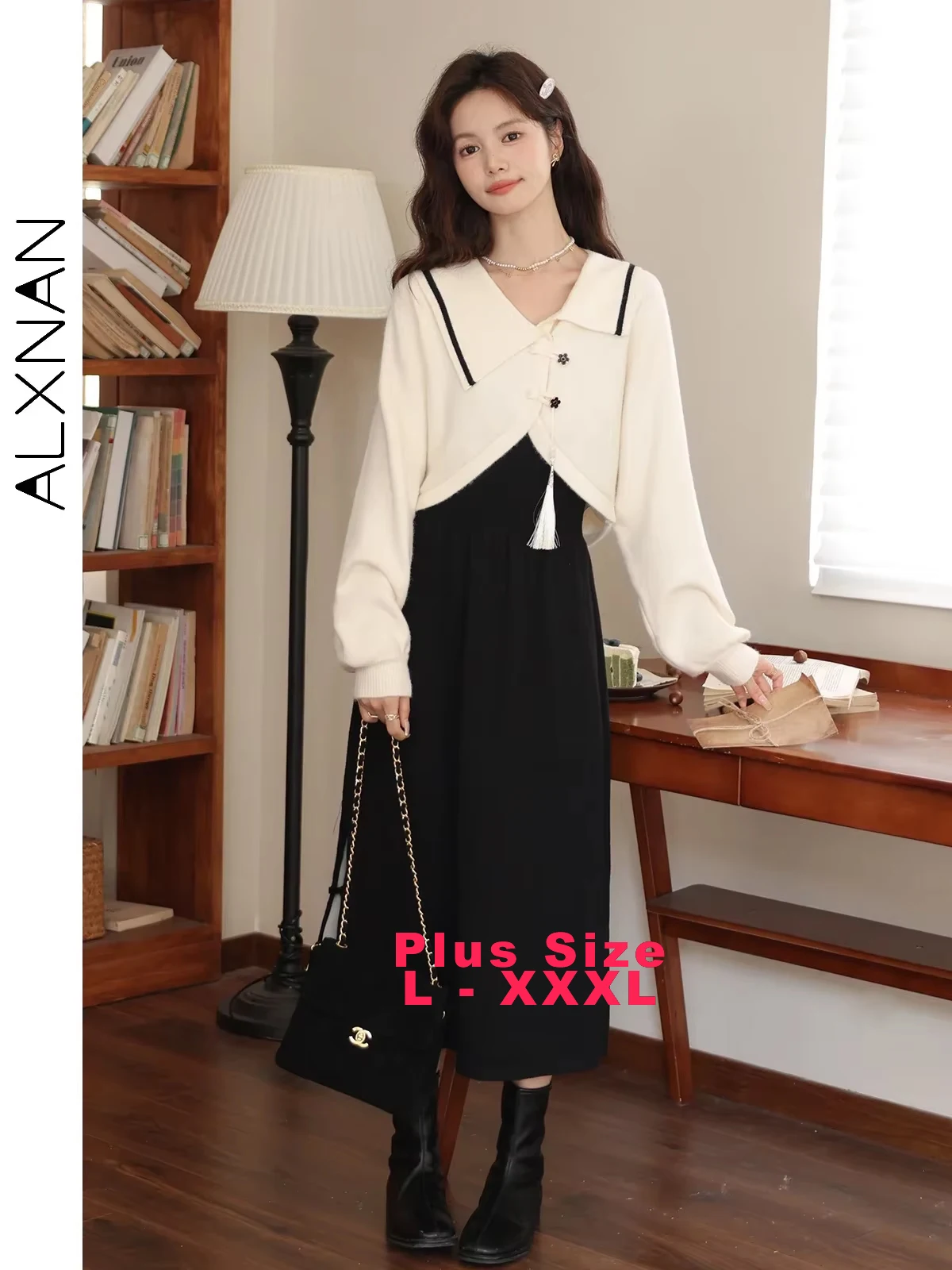 

ALXNAN Women Plus Size Camisole Dresses Trendy Sweetheart Neck A-line High Waist Autumn Commuter Sundress Sold Separately D00932