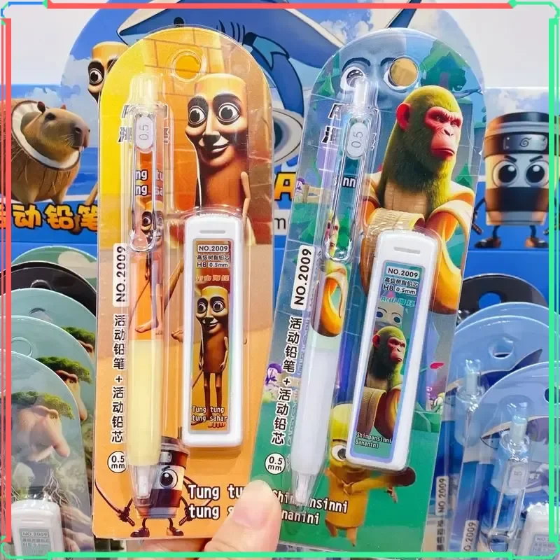 

6/24pcs Tung Sahur Italian Brainrot Wooden Stick Mechanical Pencil Set Stationery Refill Not Easy To Break Lead Automatic Pencil