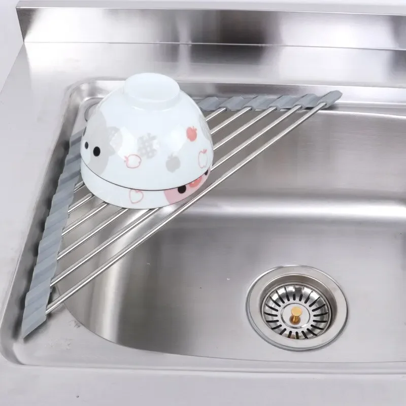 Foldable Triangular Kitchen Sink Storage Rack Stainless Steel Water Filter Drain Organizer for Bowls Chopsticks Kitchen Tool Set