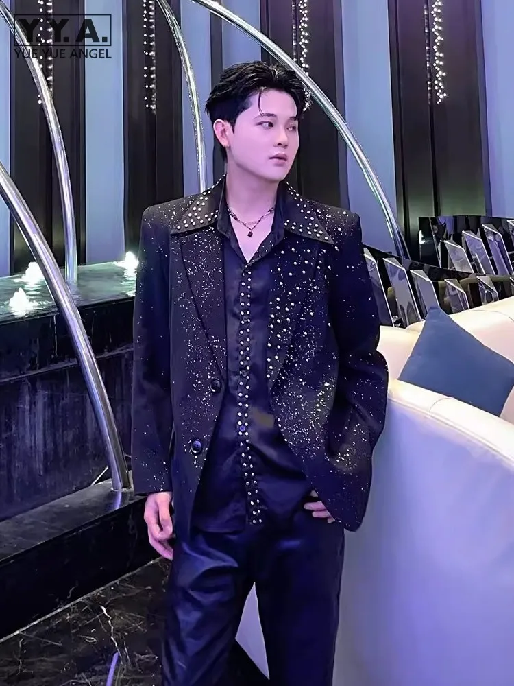 

New Fashion Mens Shiny Sequined Party Blazer Single Breasted Rivets Beads Suit Jacket Spring Loose Fit Casual Stage Show Coat