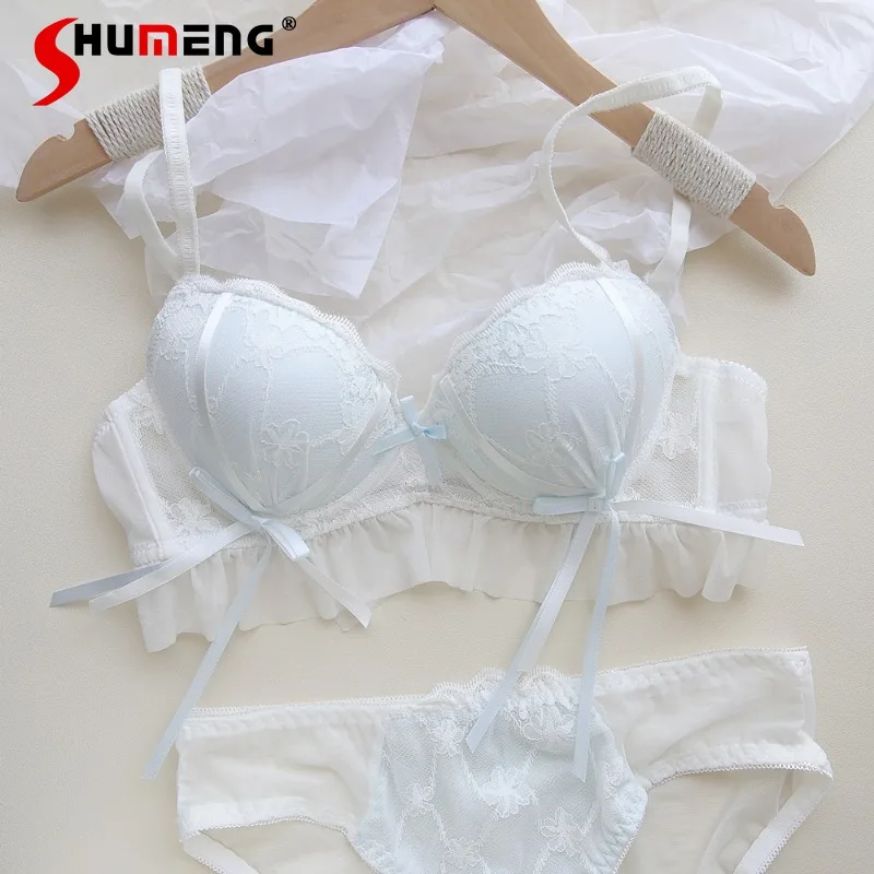 

Ribbon Bow Gentle Pure Desire Brief Suits Women Japanese Style Thin Small Chest Underwear Girls Push Up Wireless Lace Bra Set