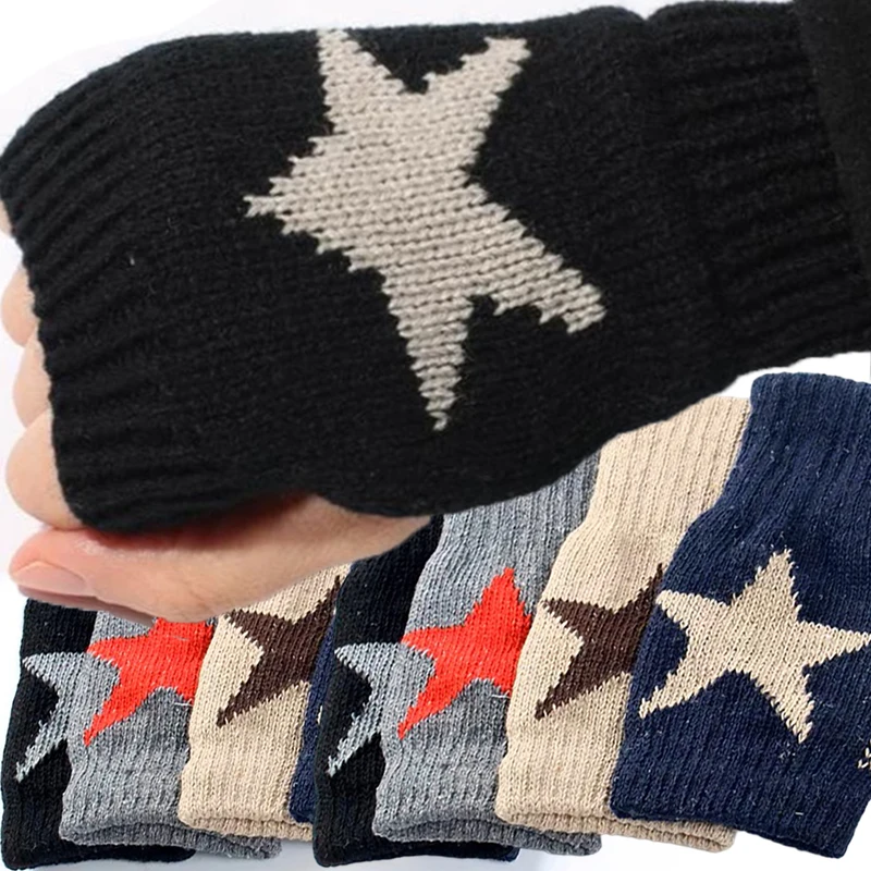 

1PAIRS Winter Star Knitted Woolen Gloves Y2K Fashion Men's and Women's Half Finger Gloves Student Warm Five Pointed Star Gloves