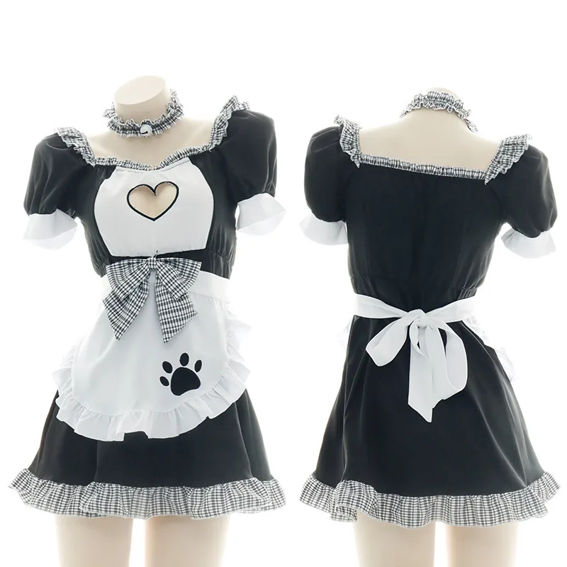 

Sweet Lovely Heart Hollow Out Maid Dress Women Halloween Party Costume Cute Cat Paw Apron Nightdress