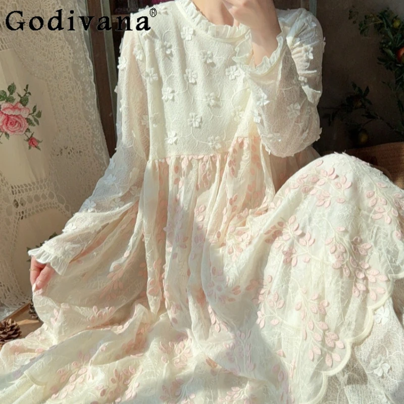 

Autumn Palace Style Embroidered Base Dress Female Long Sleeve Lace Ruffled Dress Japanese Mesh Long Lolita Dress for Women