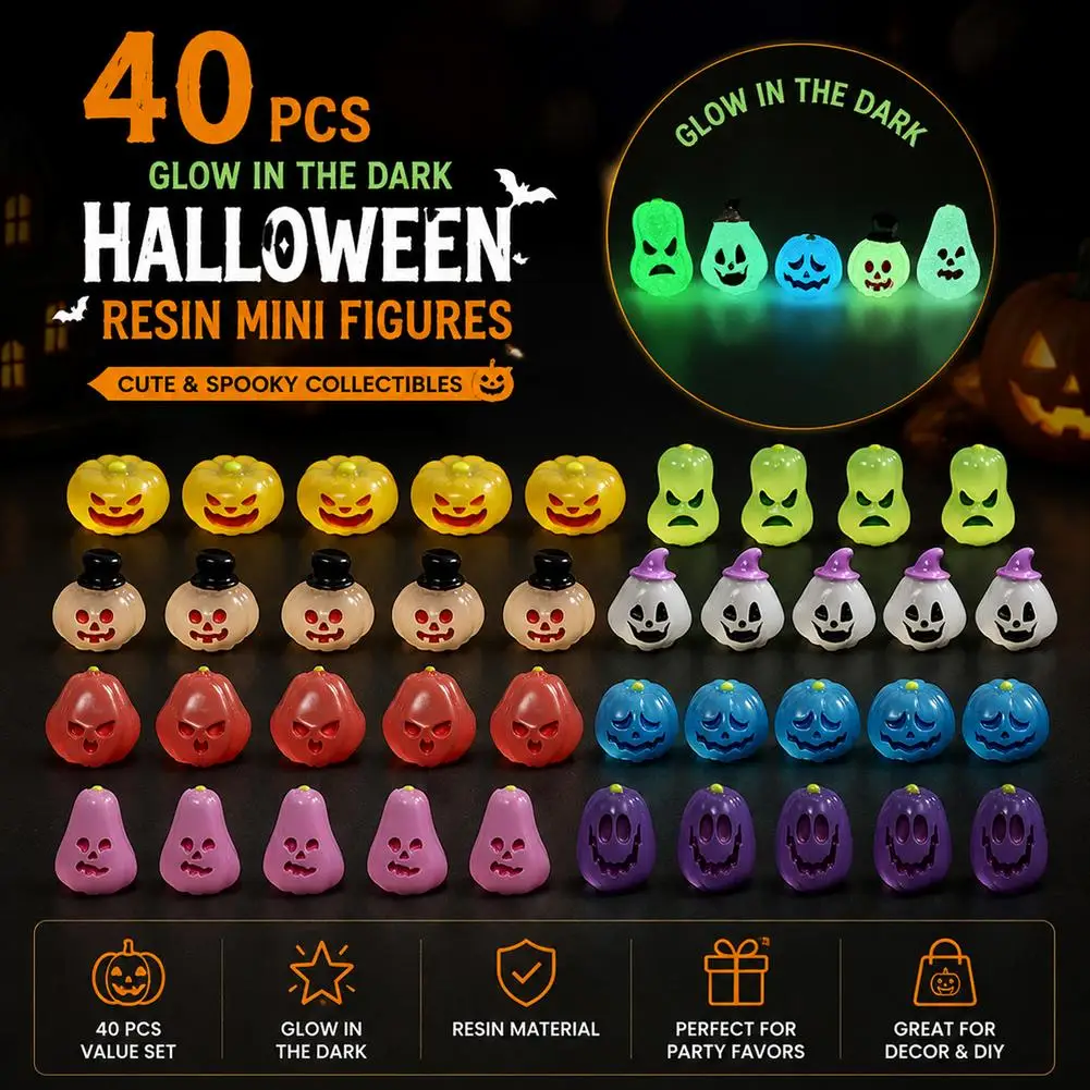 Image of 40 Stück im Dunkeln leuchtende Halloween-Harz-Minifiguren, Mini-Kürbis-Geister-Ornamente, DIY-Feengarten-Mikrolandschaftsdekoration