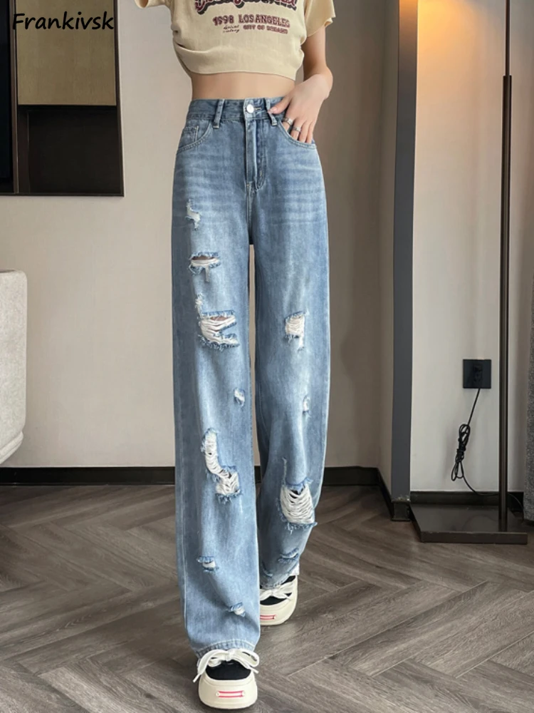 

Hole Jeans Women Hollow Out Ripped Bleached Solid Summer Full Length High Waist Stylish Streetwear European Style Leisure Basic