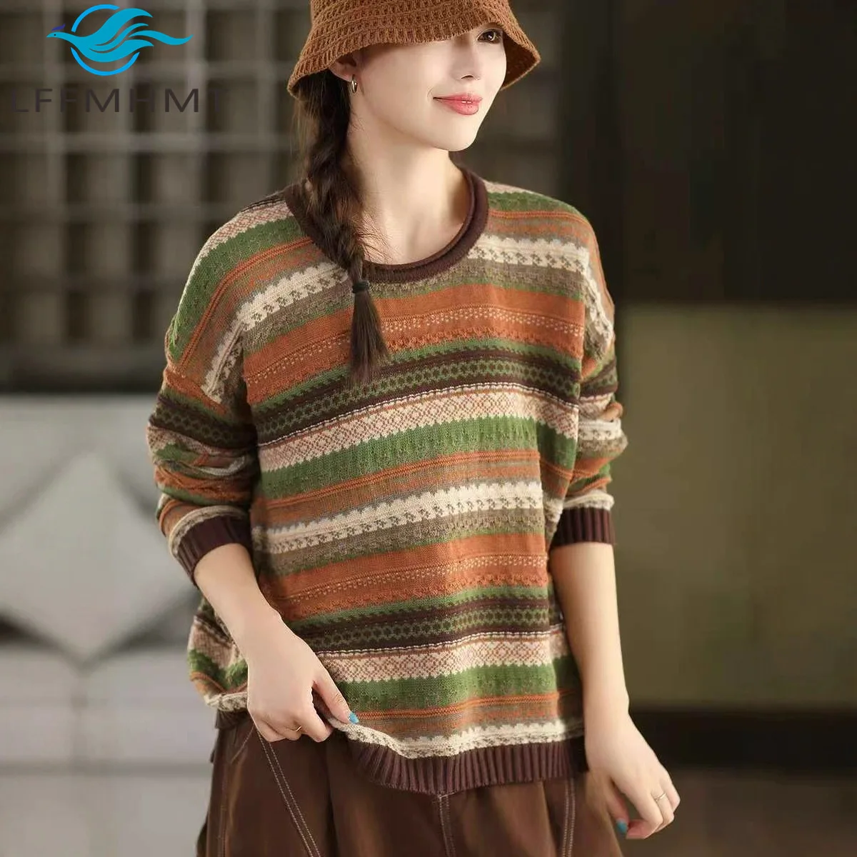 

Autumn Vintage Colorful Cotton Knit Sweater for Women Fashion Round Neck Long Sleeve Loose Fit Artistic Casual Pullover Sweater