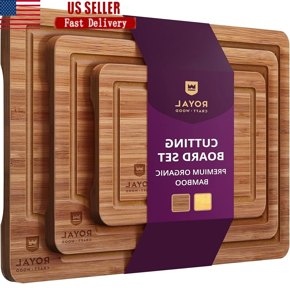 

Bamboo Cutting Board Set Kitchen Prep Serving Tray Charcuterie Deep Juice Groove Side Handles Knife Safe Easy Clean